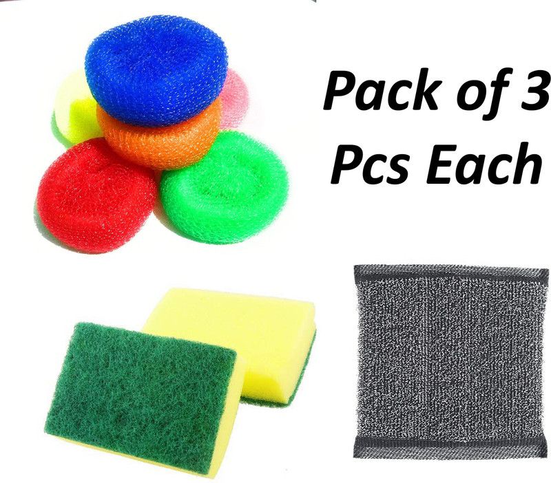 Amanya Enterprises Power Scrubber, Plastic Scrubber & Scrub Pad with Sponge 2 in 1 - 3 Pcs Each Stainless Steel Scrub, Scrub Sponge, Scrub Pad  (Regular, Pack of 9)