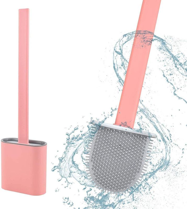 BellAella Silicon Toilet Brush with Slim Holder Flex Toilet Brush Anti-drip Set Toilet Bowl Cleaner Brush, No-Slip Long Handle Soft Silicone Bristle Clean Toilet Corner Easily, Wall Mounting with Holder  (Pink)