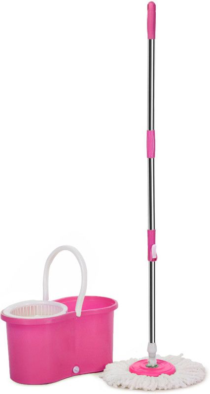 0 dirty 360 degree Spin Mop Buclet with Wheels and Water Outlet | Plastic Spinner | Pink | 42" Length Handle Mop