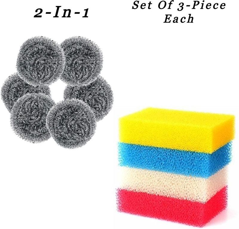Yushuu Stainless Steel Scrubber & Super Absorbent Magic Sponge (6 pc combo) Scrub Sponge  (Regular, Pack of 6)