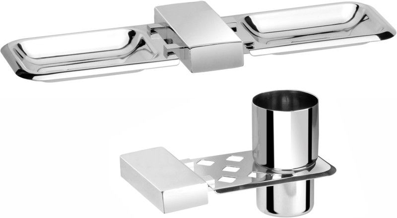 Easyhome Furnish 2 Pieces Bathroom Accessories(1-Soap Dish ,1-Tumbler Holder)-Nexon Series  (Glossy Silver)