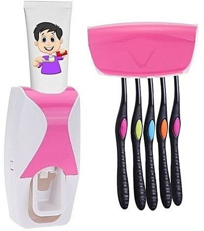 TOPHAVEN Automatic Vacuum Toothpaste Dispenser Squeezer with Toothbrush Plastic Toothbrush Holder  (Pink, White, Wall Mount)