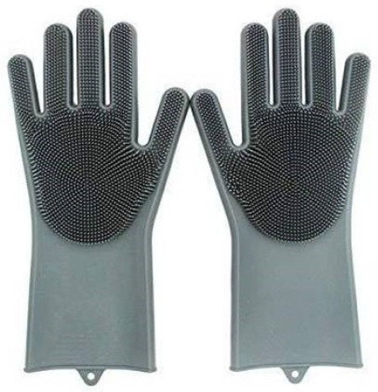 esaumya Rubber Silicon Household Safety Wash Scrubber Heat Resistant Kitchen Gloves for Dish washing, Cleaning, Gardening Wet and Dry Glove Wet and Dry Disposable Glove  (Free Size)