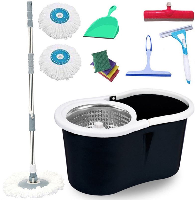 V-MOP Premium Black Steel Dry Magic Spin Bucket Mop Set (( 6 Months Warranty on Rod )) Mop Set, Duster, Bucket, Mop, Cleaning Wipe, Scrub Pad-GT49 Wet & Dry Mop  (Multicolor)