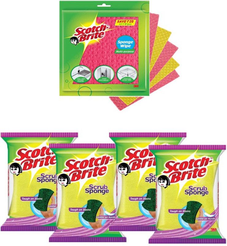 SCOTCH BRITE Combo of (Sponge Wipe Pack of 5 + Scrub Sponge Pack of 4 Pc) Scrub Sponge, Sponge Wipe  (Large, Pack of 9)
