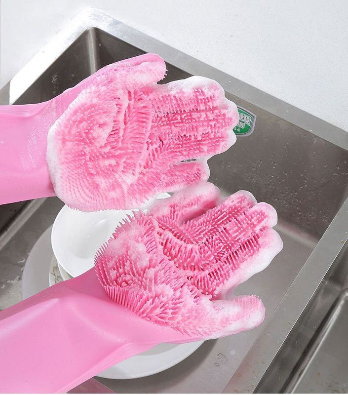 FRAONY Silicon Non-slip, Dishwashing & Pet Grooming, Magic Latex Scrubbing Gloves Great for Hand Protection for Household Cleaning Kitchen, Bathroom Wet and Dry Glove Set  (Free Size Pack of 2)