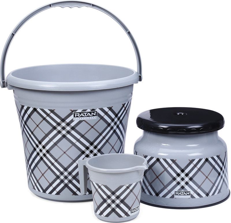 RATAN Frosty Checks Print Grey Pack of 3 Bathroom Set (Bucket x 1, Mug x 1, Stool x 1) 18 L Plastic Bucket  (Grey)