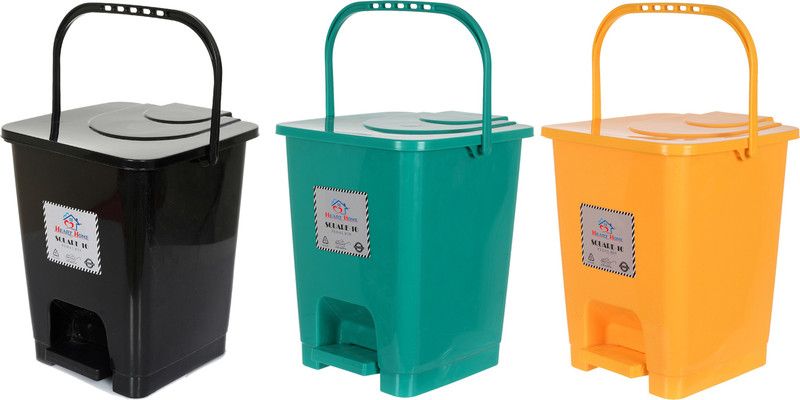 Heart Home Premium Plastic Pedal Dustbin 10 Ltr (Black & Green & Yellow)-Pack of 3 Plastic Dustbin  (Multicolor, Pack of 3)