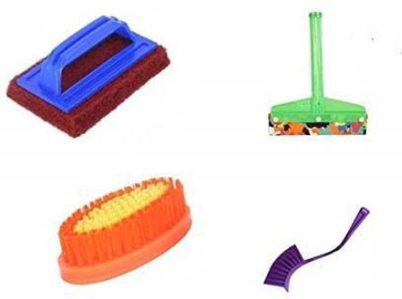 HH ENTERPRISES 4 Pcs Home and Office Kitchen Cleaning Tile Brush, Cloth, Sink Brush Small Wiper with Holder  (Multicolor)