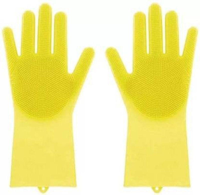 Appcloud Silicone Kitchen Magic Gloves for Kitchen Dishwashing Dish Car Wash Pet Bathroom Household Rubber Dish Washing with Brush Cleaning Scrubber Wet and Dry Glove  (Free Size)