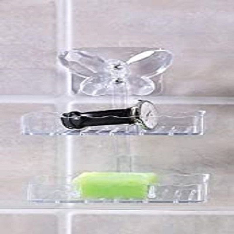 portible Double Layer Butterfly Hanging Tray Wall Mount Storage Bathroom Soap Box Holder with Suction Hook, Multicolour Cleaning Wipe