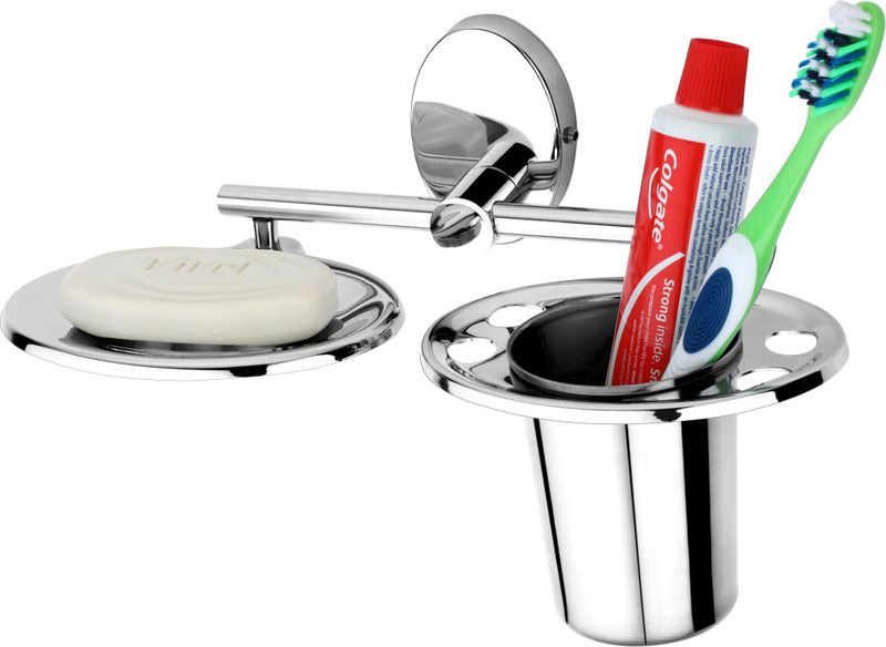GLOXY Wall Mount Stainless Steel Toothbrush Holder with Soap Dish, Tumbler Stand Stainless Steel Toothbrush Holder  (Silver, Wall Mount)