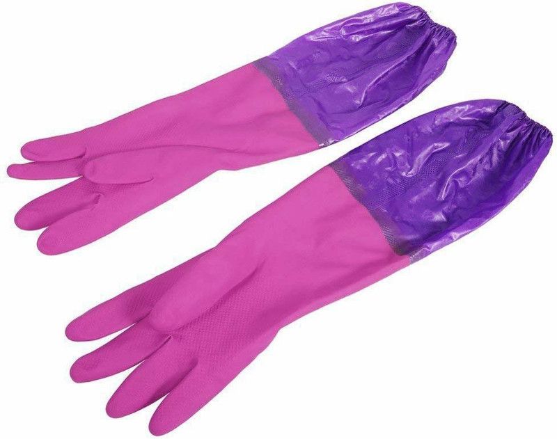 SONALEX Reusable Rubber hand gloves waterproof Long Sleeves Safety Kitchen Gloves Wet and Dry Glove  (Free Size)