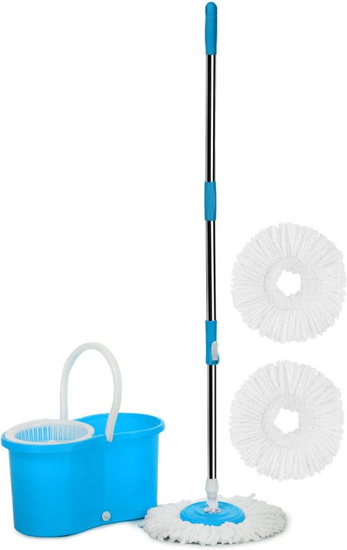 0 dirty 360 degree Spin Mop Buclet with Wheels and Water Outlet with 2 Microfiber Refills | Plastic Spinner | Blue | 42" Length Handle Mop Set
