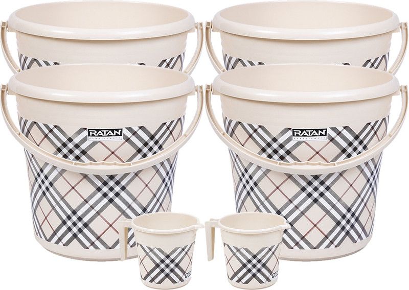 RATAN Frosty Checks Print Bathroom Set Beige Pack of 6 (Bucket x 4, Mug x 2) 16 L Plastic Bucket  (Beige)