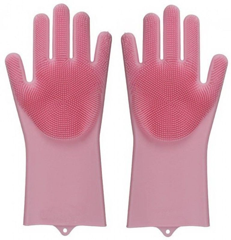 Ikshu Reusable Silicone Dish-Washing Gloves, Pair of Rubber Scrubbing Gloves for Dishes Cleaning...Wash Cleaning Gloves with Sponge Scrubbers for Washing Kitchen, Bathroom, Car & More (Pack of 1, Pink) Wet and Dry Glove  (Free Size)