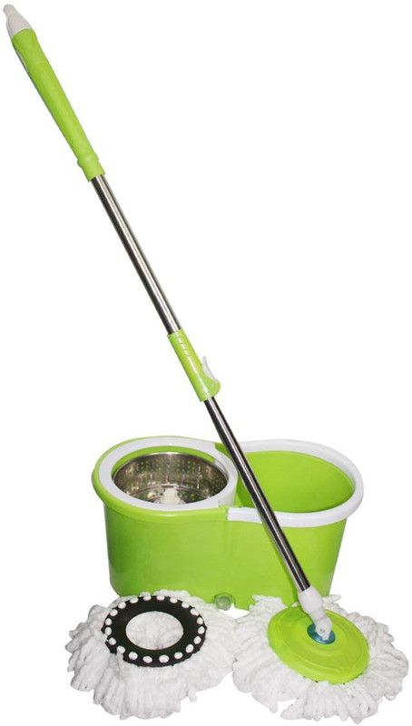 CROTUS Spin Bucket Mop with Steel Spinner, Wheels, Drain Plug & Dispenser with 2 Refill Mop