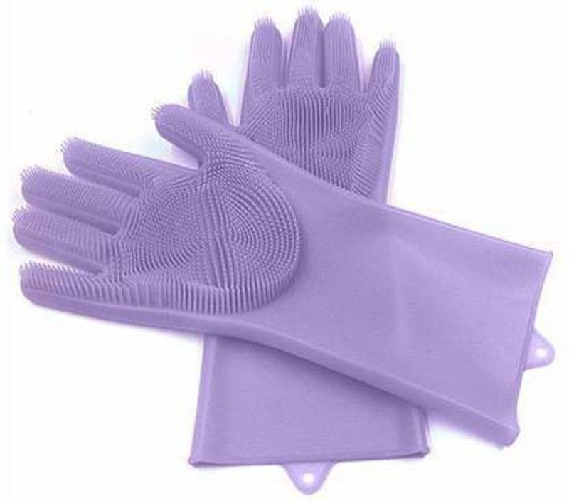 Flying monk Reusable Rubber Silicon Household Safety Wash Scrubber Heat Resistant Kitchen Gloves for Dish washing, Cleaning, Gardening Wet and Dry Wet and Dry Glove  (Free Size)