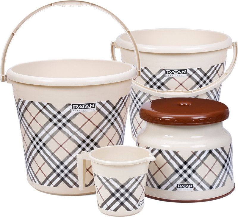 RATAN Frosty Checks Print Beige Pack of 4 Bathroom Set (Bucket x 2,Mug x 1, Stool x 1) 16 L Plastic Bucket  (Beige)