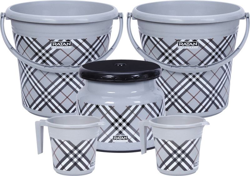 RATAN Frosty Bubble Print Grey Pack of 5 Bathroom Set ( Bucket ,Mug, Stool) 25 L Plastic Bucket  (Grey)