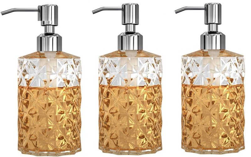 Luxdhara Pack of 3 Glass Soap Dispenser for Bathroom Handwash liquid Dispenser Bottle 400 ml Conditioner, Liquid, Lotion, Shampoo, Soap Dispenser  (Clear)