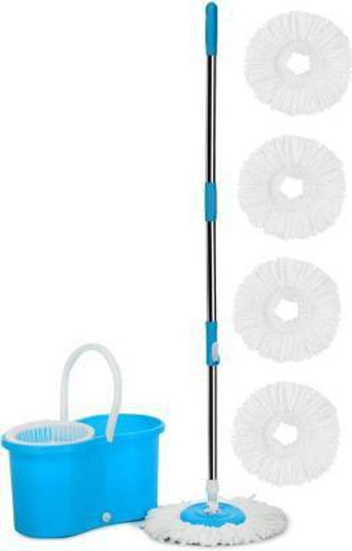 0 dirty 360 degree Spin Mop Buclet with Wheels and Water Outlet with 4 Microfiber Refills | Plastic Spinner | Aqua Blue | 42" Length Handle Mop Set