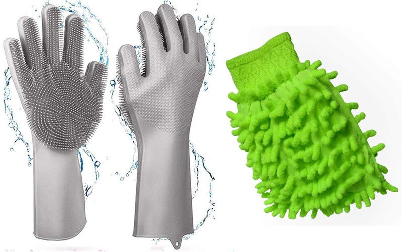 STT Microfiber Double Sided Dusting Cleaning Glove & Silicone Gloves for dish washing, Silicone Cleaning Gloves Wet and Dry Glove Set  (Free Size Pack of 2)