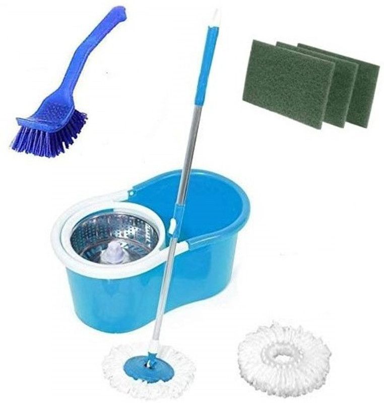 JSN Easy Magic Spin Floor Mop 360 Degree Bucket Mop with Steel Spinner 2 Refill Mop Combo Scrub Pad, Mop Set, Toilet Brush, Bucket