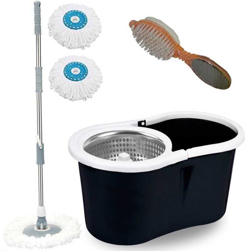 V-MOP Premium Black Steel Dry Magic Spin Bucket Mop Set (( 6 Months Warranty on Rod )) Mop Set, Duster, Bucket, Mop, Cleaning Wipe, Scrub Pad-A22 Wet & Dry Mop  (Multicolor)
