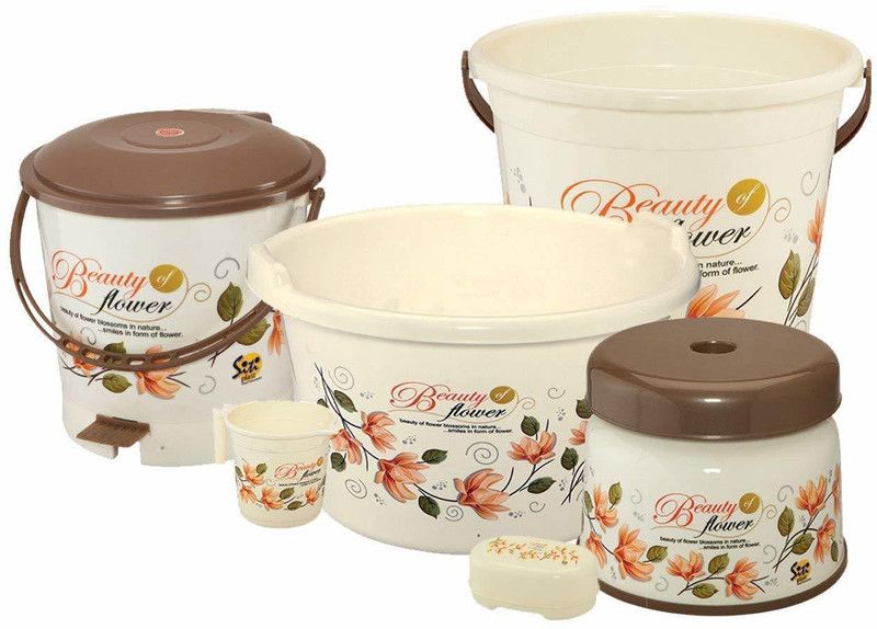 Mannat Virgin Plastic Bathroom Set Bucket, Mug, Bath Stool, Dust Bin, Tub and Soap Case Set of 6 20 L Plastic Bucket  (Brown, Beige)