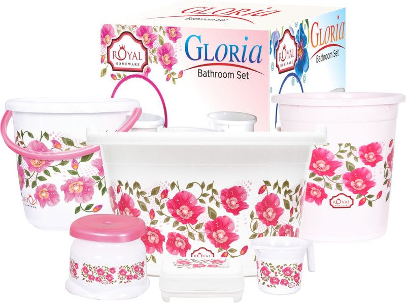 royal homeware Gloria Bathroom Set of 6 pcs(Bkt+ Tub+ Mug +Stool+Dustbin+Soap case)Multicolor 18 L Plastic Bucket  (White, Pink, Multicolor)