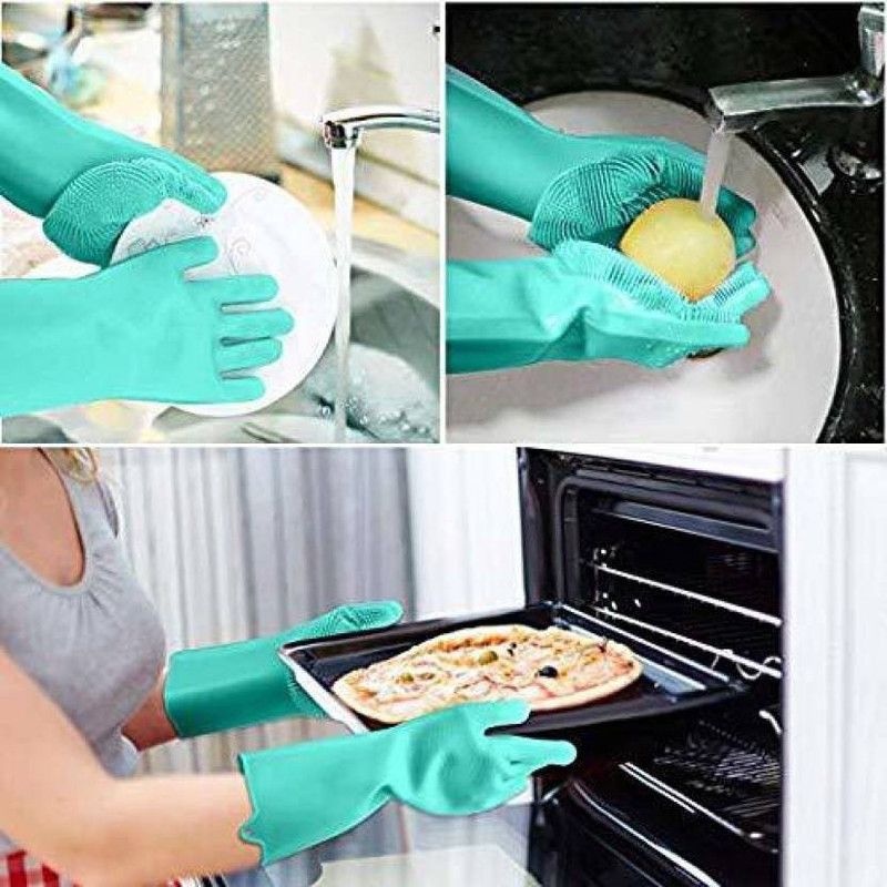 NIKNATS Silicone Kitchen Magic Gloves for Dishwashing Rubber Dish Washing with Brush Cleaning Scrubber – 1 Pair (Random Multicolour) Wet and Dry Glove  (Free Size)