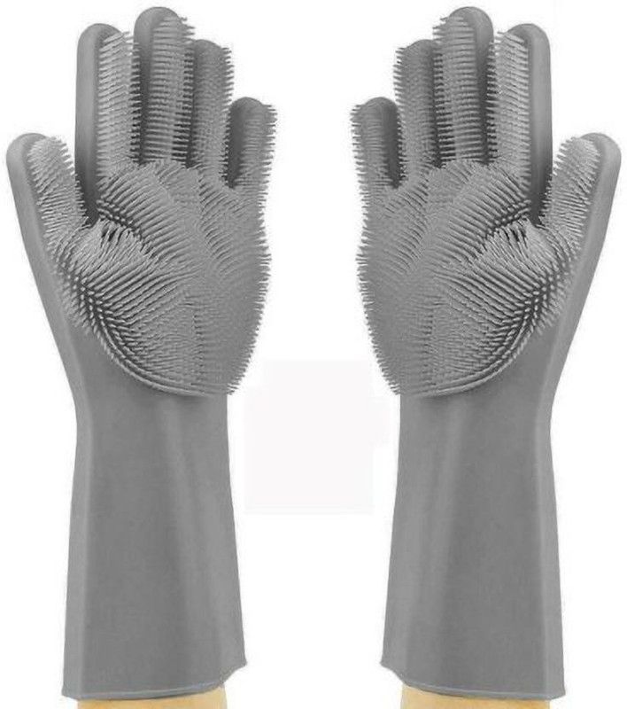 GJSHOP Silicone Dish Washing Gloves, Silicon Cleaning Gloves, Silicon Hand Gloves for Kitchen Dishwashing and Pet Grooming, Great for Washing Dish, Car, Bathroom IOX38 (Multicolor, 1 Pair) Wet and Dry Glove  (Free Size)