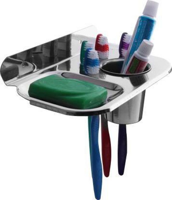 Redcroc Stainless Steel Tumbler Holder With Soap Dish/Soap Stand With Tooth Brush Stand  (Silver)