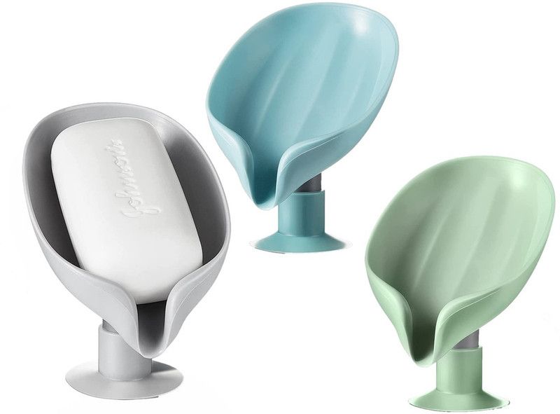 AGHORA TECHNOLOGIES Pack Of 3 ABS Plastic Bar Soap Holder Soap Dishes Sponge Container with Suction Cup Leaf Shape Self Draining Soap Stand for Bathroom Kitchen Sink  (Multicolor)