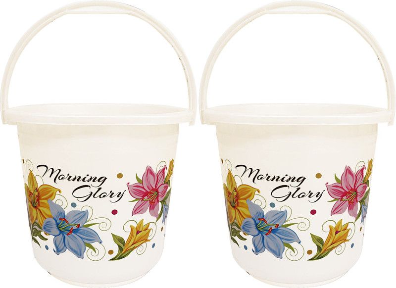 KUBER INDUSTRIES Floral Print 2 Pieces Unbreakable Strong Plastic Bathroom Bucket 16 Ltr (White) -CTKTC34843 16 L Plastic Bucket  (White)