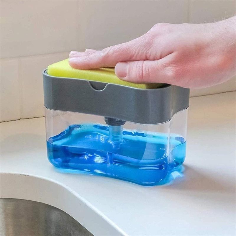 UPSCALE TRADERS 2 in 1 Soap Pump Dispenser | Rustproof Liquid Sponge Holder Caddy | Plastic Liquid Soap Press with 1 Cleaning Sponge for Kitchen Sink Dishwasher Multicolor 400 ml Liquid Dispenser