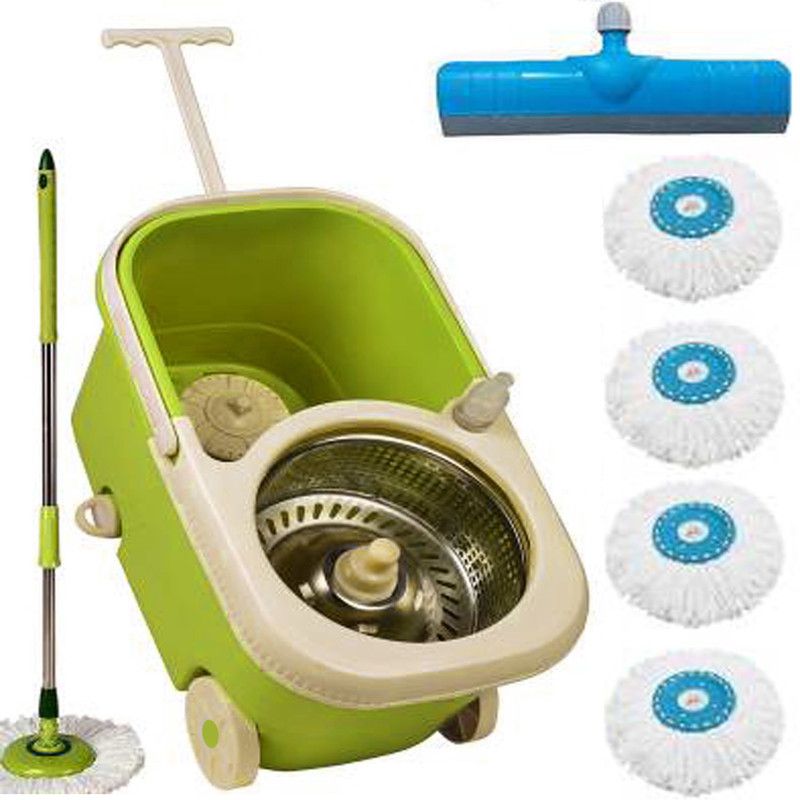 V-MOP Green Elite Bucket Mop with Wheels, Dry Bucket Spin Magic Mop + 5 Refiils + 1 Floor Wiper Mop Set, Duster, Mop, Cleaning Wipe, Bucket, Floor Wiper, Mop Refill