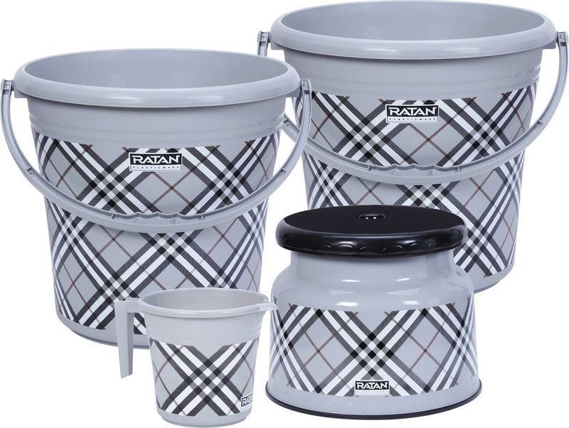 RATAN Frosty Checks Print Grey Pack of 4 Bathroom Set (Bucket x 2, Mug x 1, Stool x 1) 16 L Plastic Bucket  (Grey)