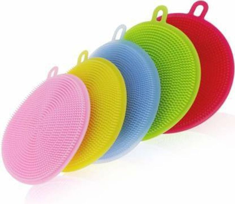 QWEEZER 5pcs |Silicone Dish Washing Circle Shape Cleaning Sponge Scrubber Kitchen Cleaning Antibacterial Tool (Set of 4) Scrub Pad  (Regular, Pack of 5)