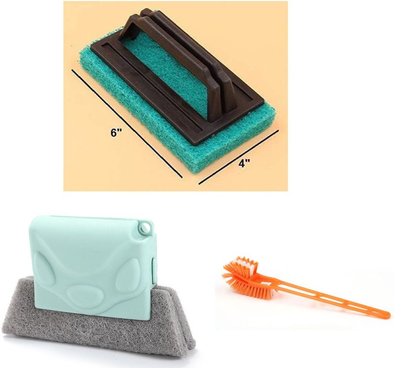 Amanya Enterprises Tile Cleaning Scrubber Brush, Window Cleaner & Double-Sided Flexible Plastic Toilet Cleaning Brush Scrub Pad  (Regular, Pack of 3)