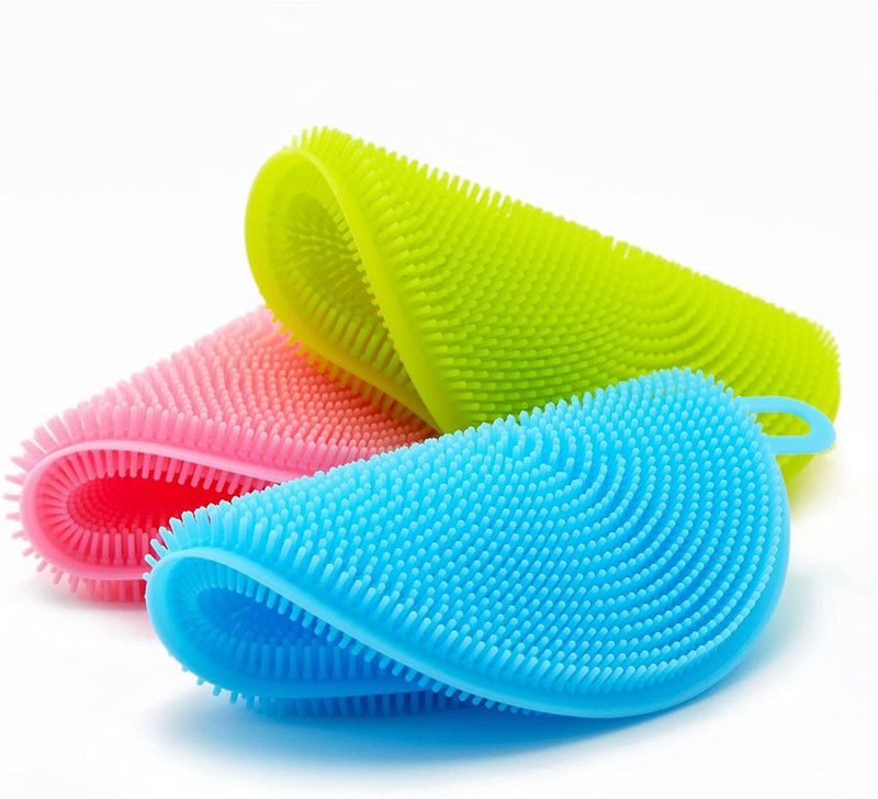 RedHooS Home Cleaning Sponge Silicone Scrubber for Kitchen Non Stick Dishwashing & Fruit and Vegetable Washing Brush Round Scrubber Multi Color (Pack of 2) Scrub Pad, Scrub Sponge  (Small, Pack of 2)