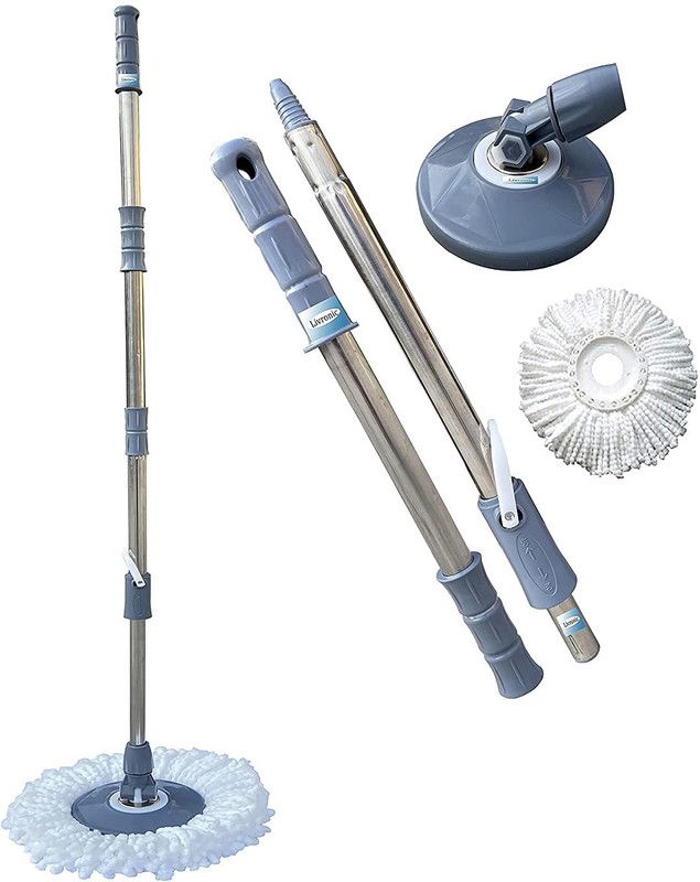 Livronic Classic Grey Mop Stick India's Biggest Rod Set Easy to fit for All Bucket | Stainless Steel Spin mop Stick with 360 Degree Rotating with 1 Microfiber Refill Clean for Home Kitchen and Bathroom Cleaning (Set of 1) Mop Set  (Grey)