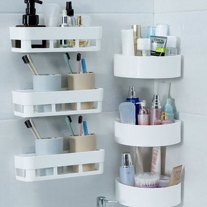 SHOPITECH Bathroom Shelf Wall Mounted Bathroom Kitchen No Drill Storage Rack Super Adhesive Bathroom Shower Organizer Rack Shelf (3 Bathroom Shelf + 3Corner Triangle Shelf) Plastic Wall Shelf (Number of Shelves - 6, White)  (White)