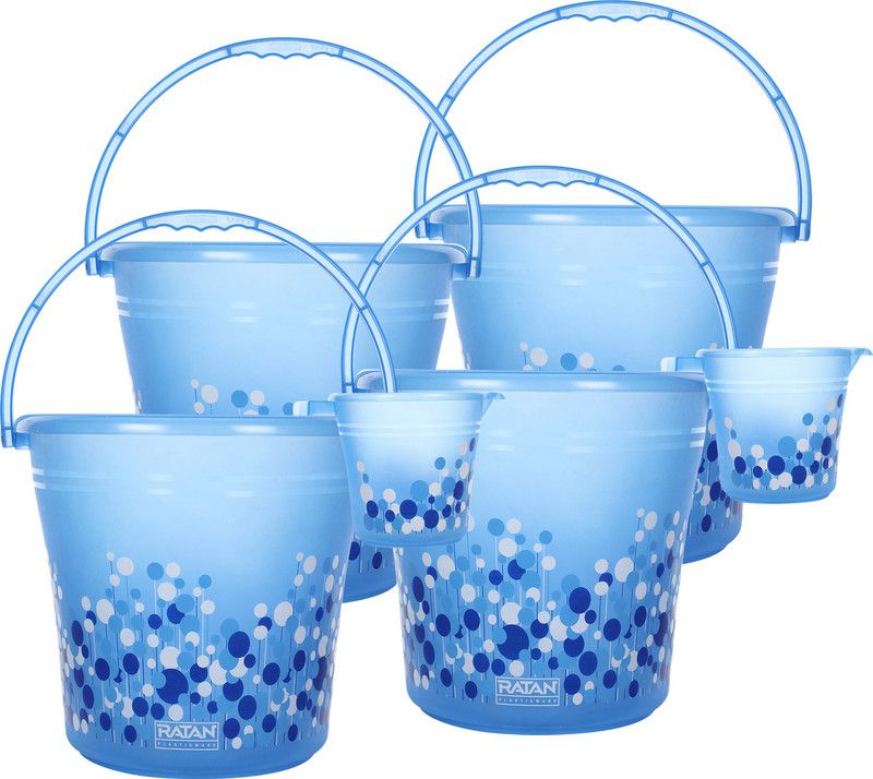 RATAN Frosty Bubble Print Blue Bathroom Set Pack of 6 (Bucket x 4, Mug x 2) 18 L Plastic Bucket  (Blue)