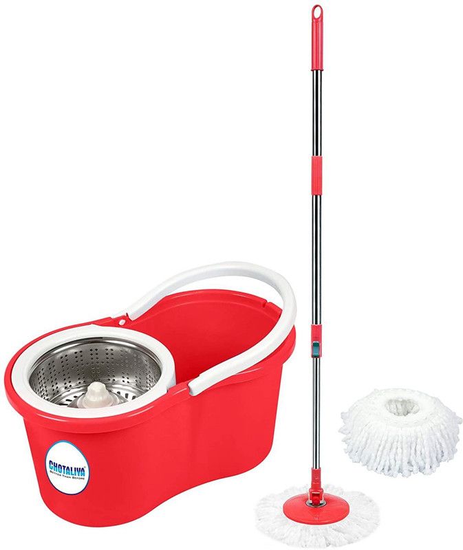 CHOTALIYA S-08 Steel Spin Cleaning Bucket Mop with 2 Refills (Red) Mop Set