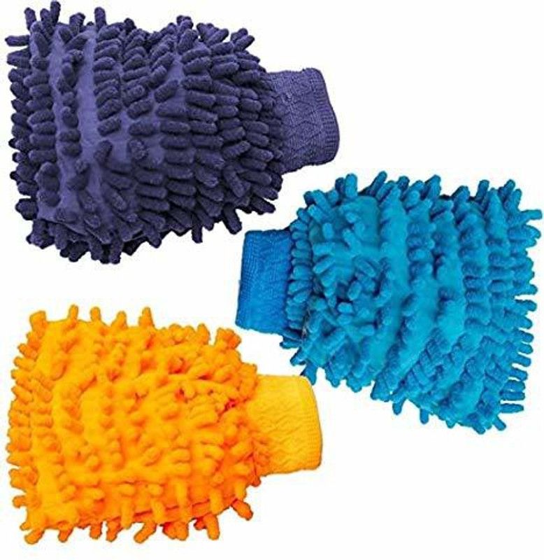 KIRTANZONE Microfibre Wash and Dust Chenille Mitt Cleaning Gloves - Home Office Kitchen Hotel, Free Size, Multicolour - Pack of 3 Wet and Dry Glove Set  (Extra Large Pack of 3)