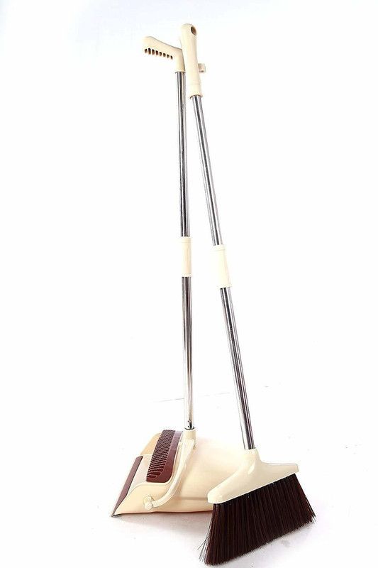 BKKTRADERS Plastic Broom with Dustpan for Home and Office Plastic Wet and Dry Brush  (Brown)