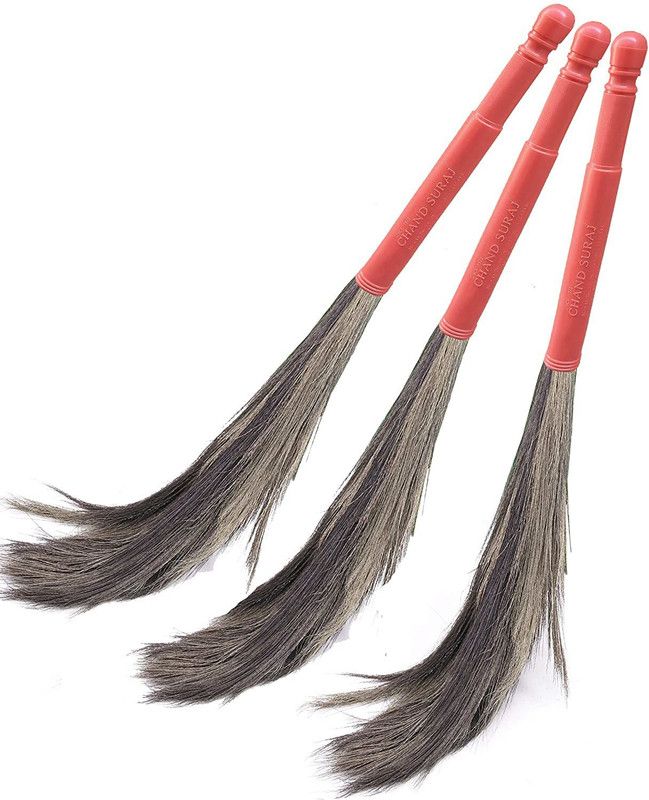 VEPIKZONE Assami Natural Grass and Stainless Steel 3 Pcs Pack of Plastic Pipe Brooms for Floor Dust Cleaning | Jhadu Multicolour, Full Grass Dry Broom  (Red, Beige, 3 Units)