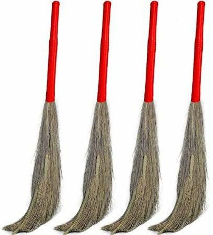 ORETIC Soft Grass Broom for Clean Floor&28 Fiber Wet and Dry Broom  (Red, 4 Units)